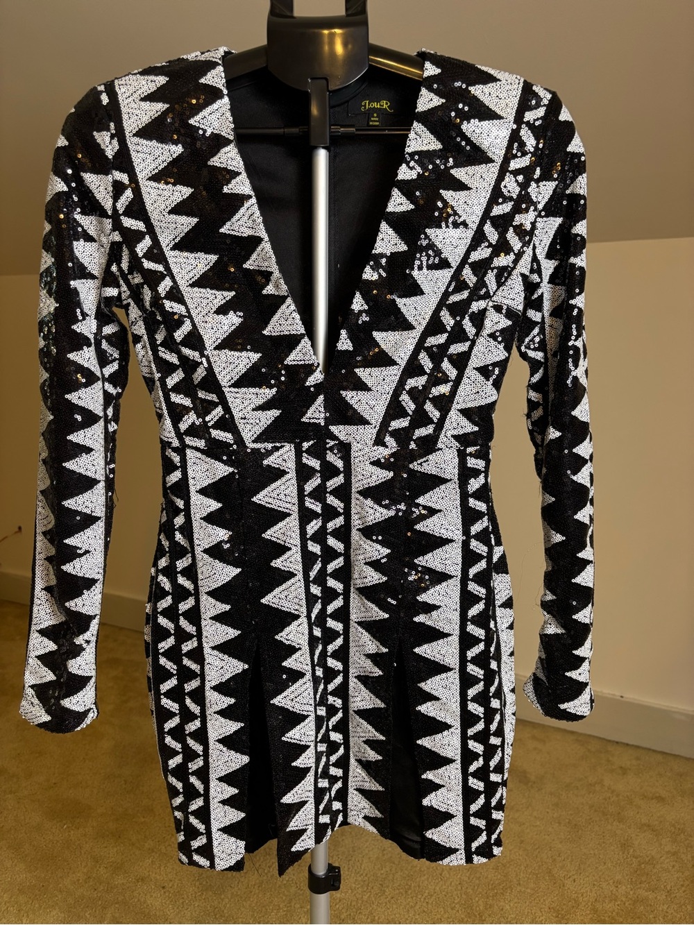 Black & White Geometric Sequin Mini Dress with Deep V